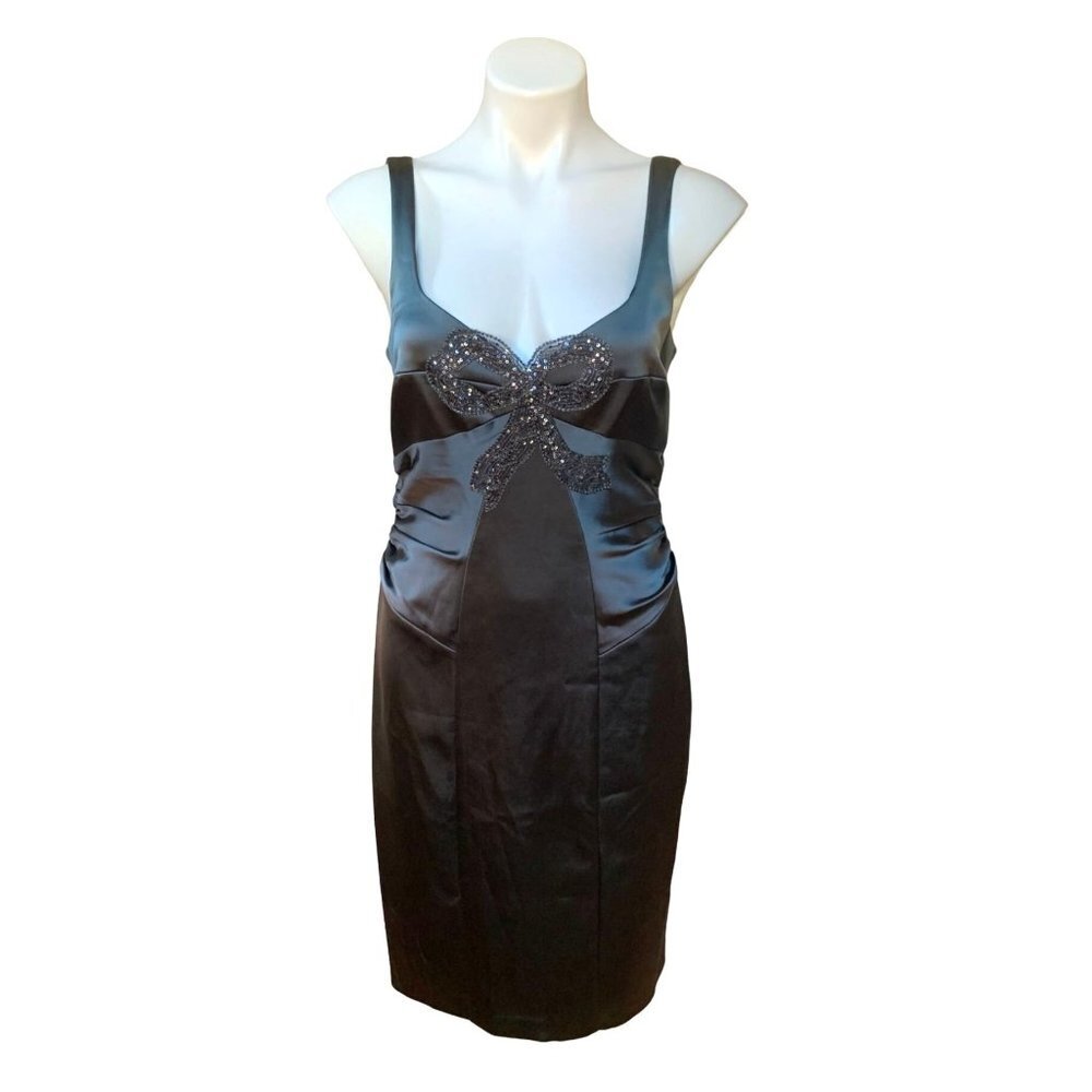 David Meister Silver Gray Ruched Sheath Dress Beaded Bow Front Size 10 USA
